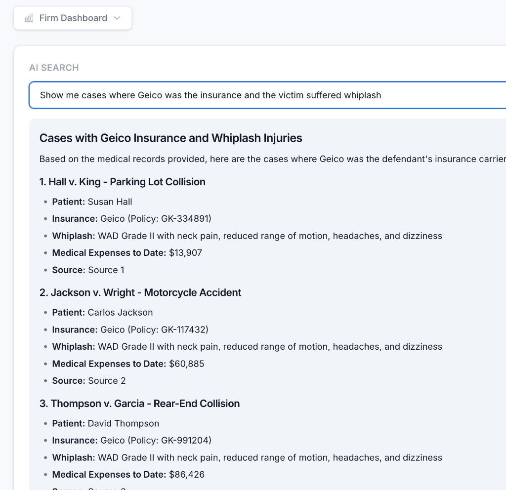 LexMotus firm dashboard AI search: natural language query with formatted case results